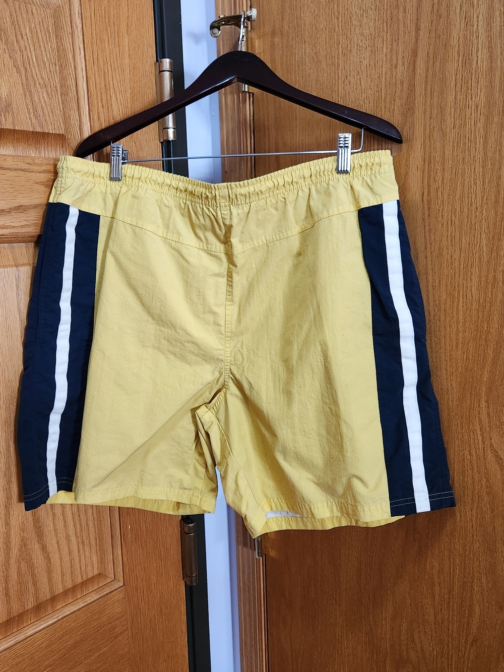Men's Yellow Athletic Shorts with Navy and White Side Stripes